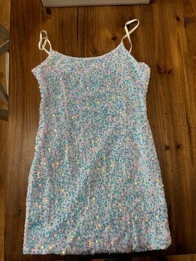 Sequin Spaghetti Strap Mini Dress - Iridescent White